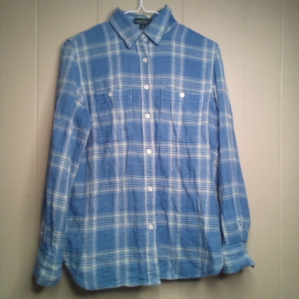 Lauren Jeans Co. Plaid Shirt M Long Roll Tab Sleeve Button Up Blue